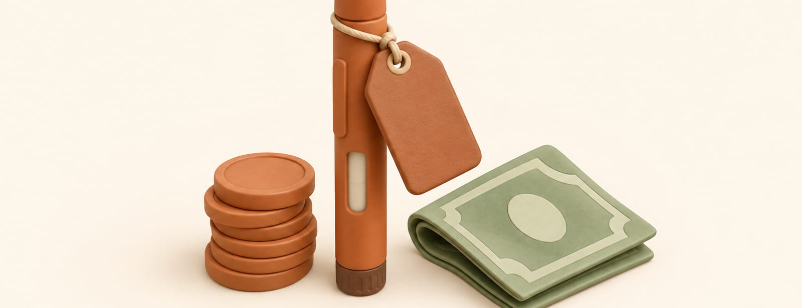 Isometric clay scene of an injection pen with a price tag, coins, and a plain folded note representing medication cost.