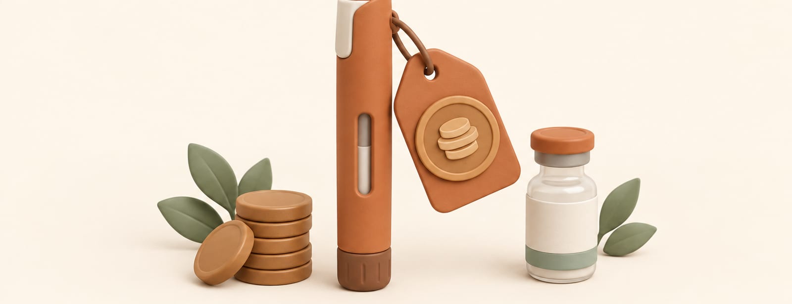 Isometric clay still life of an injection pen with a price tag and coins beside a medicine vial, representing cash-pay drug cost.