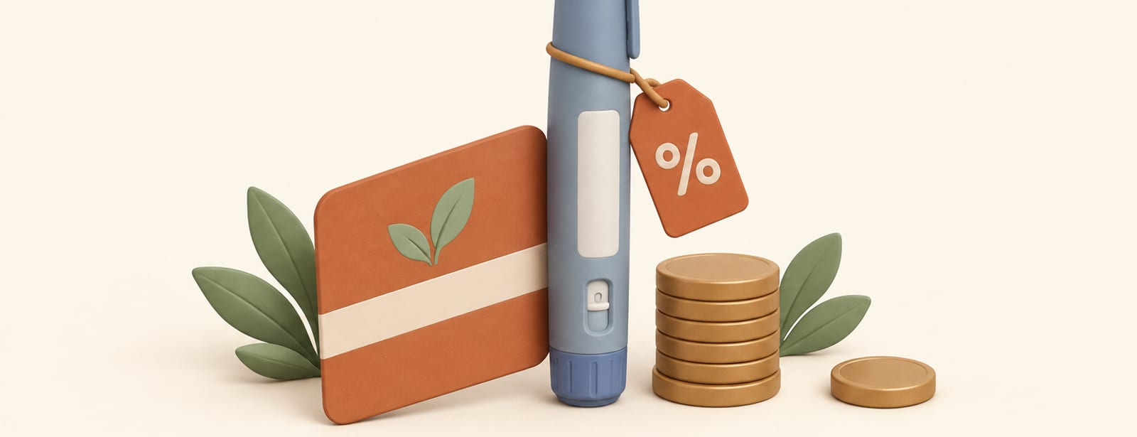 Clay still life of an injection pen, a savings card, a price tag, and a capped stack of coins.