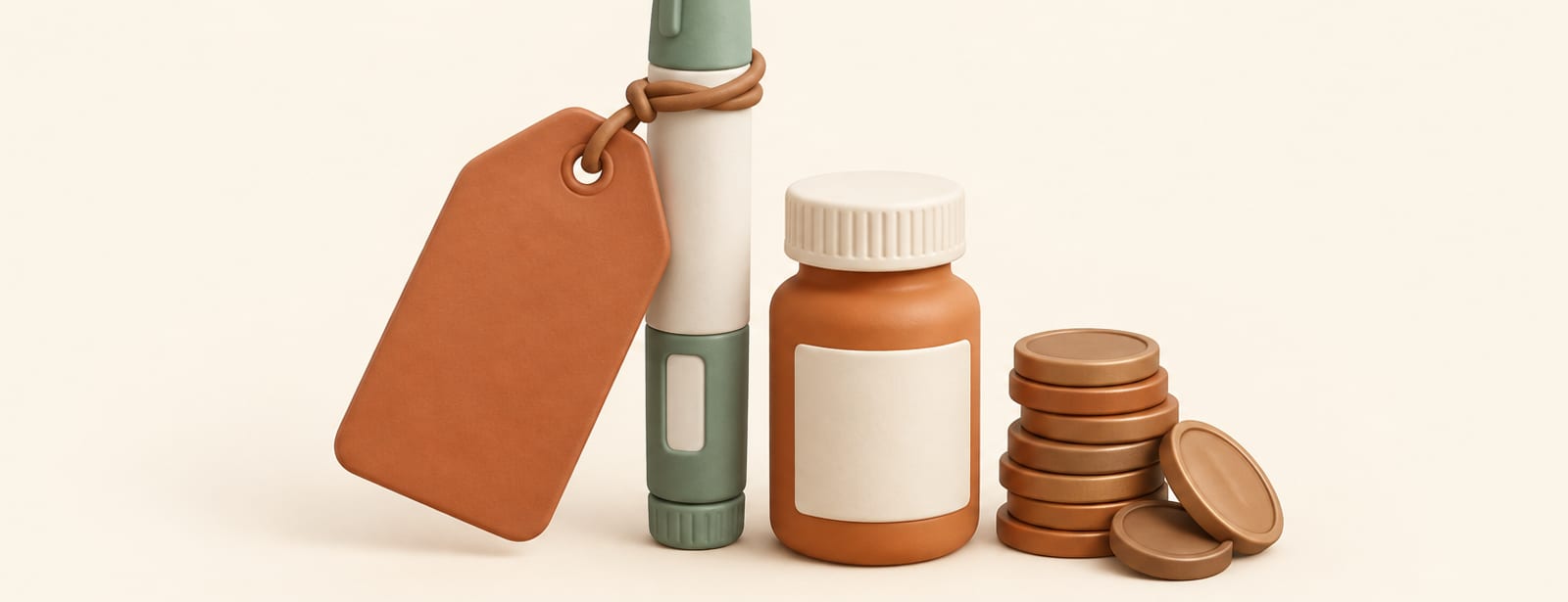Clay injection pen and pill bottle beside a price tag and a small stack of coins, representing cash cost without insurance.