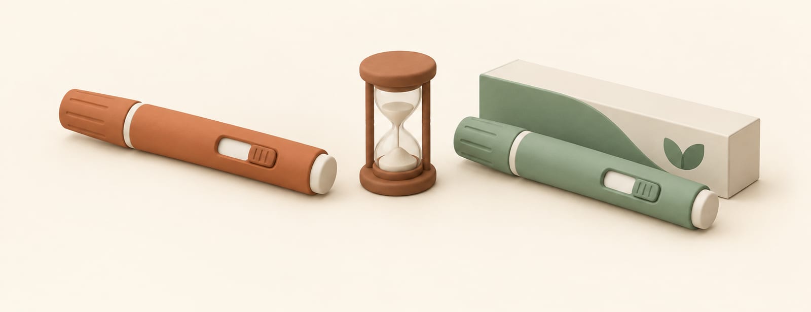 A generic-style injection pen and a branded injection pen with an hourglass between them, symbolizing the wait for generic semaglutide.