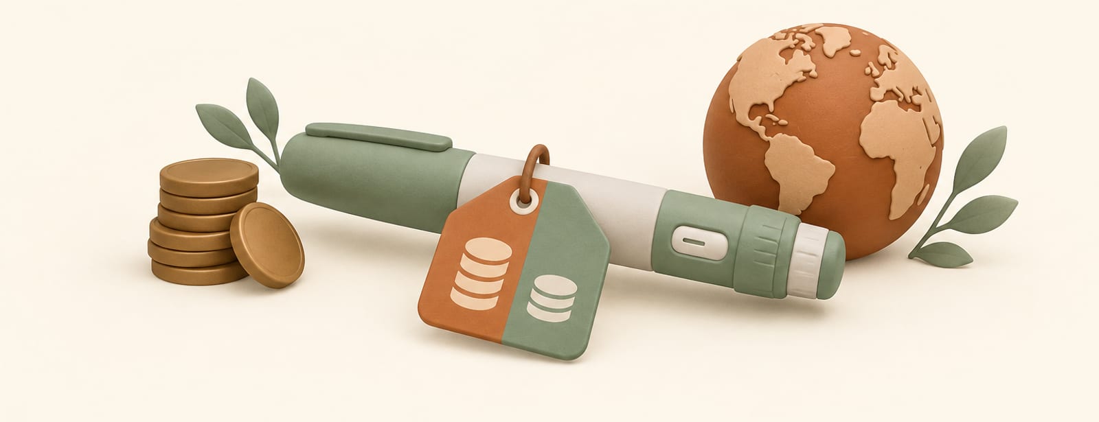 Clay-style still life of an injection pen with a two-toned price tag, coins, and a small globe shape.