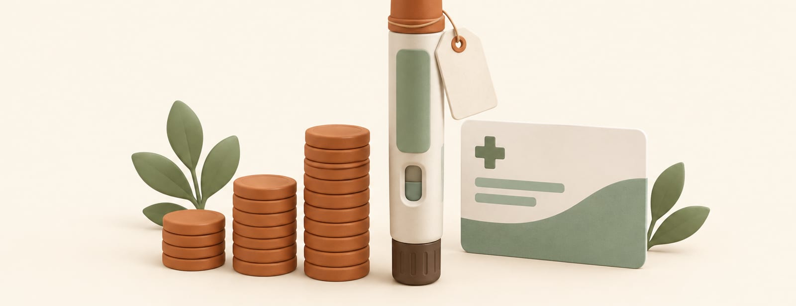 Clay-style illustration of an injection pen with a price tag beside three uneven coin stacks and a small card.