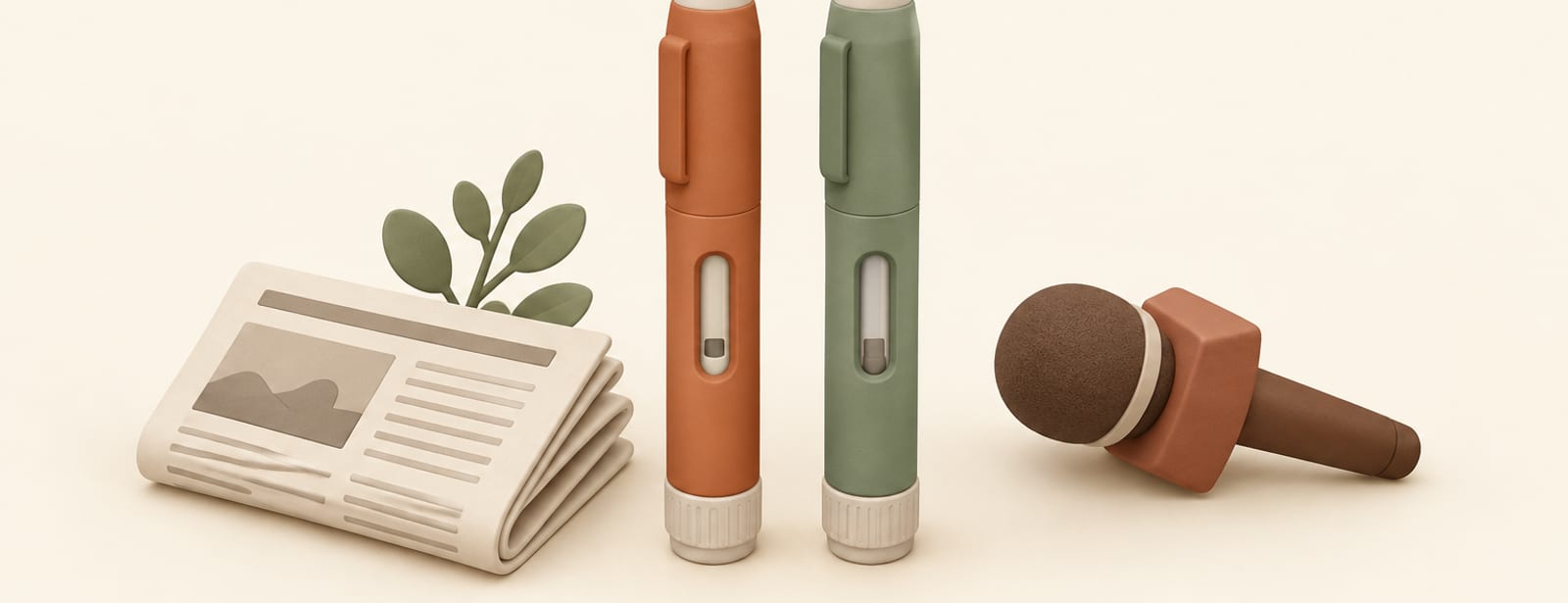 Two injection pens, terracotta and sage, beside a folded newspaper shape and a small clay microphone.