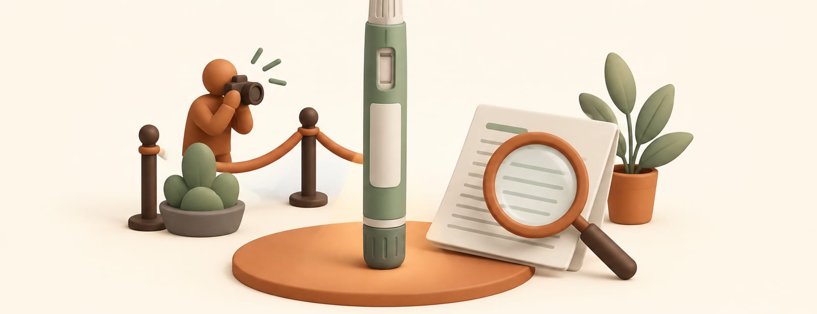 Clay-style still life of an injection pen on a spotlight disc with a magnifying glass over a document.