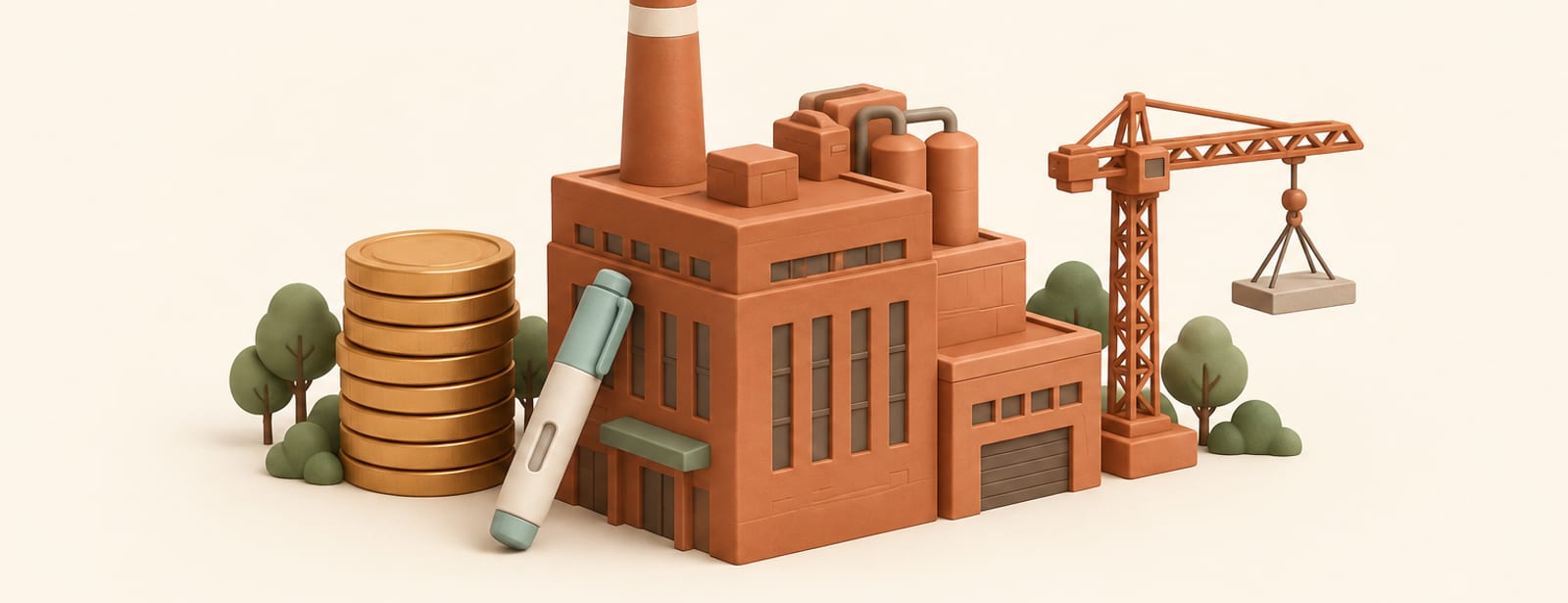 Isometric clay scene of a terracotta factory building with a smokestack, coins, a crane beam, and an injection pen at its base.