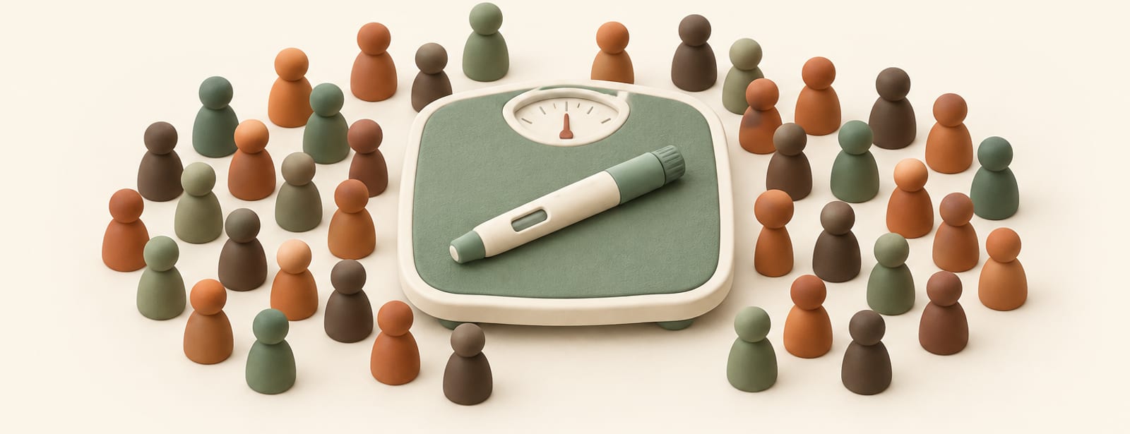 Isometric clay scene of a bathroom scale with an injection pen, surrounded by small clay figures representing a population count.