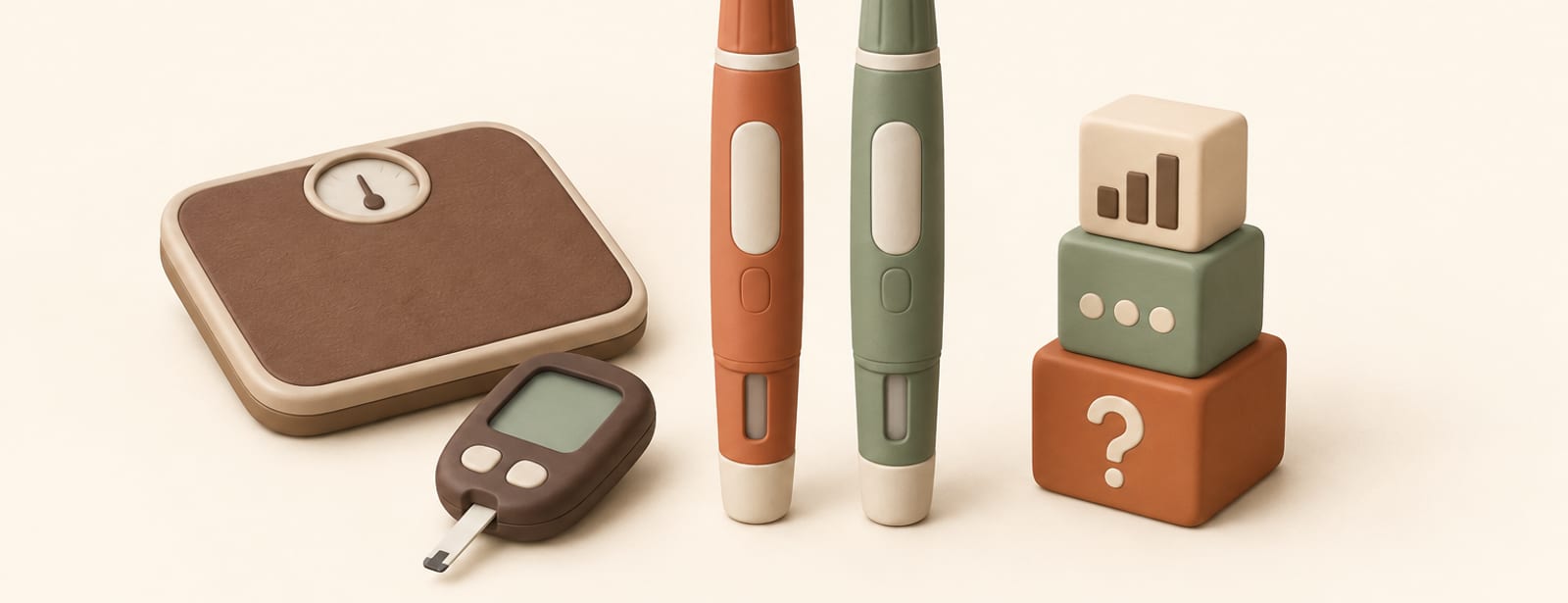 Two matching injection pens beside a scale, glucose meter, and a small stack of counting blocks
