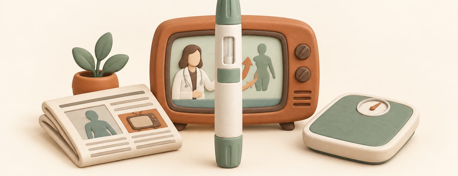 Isometric clay scene of an injection pen before a television shape, with a folded newspaper and small scale beside it.