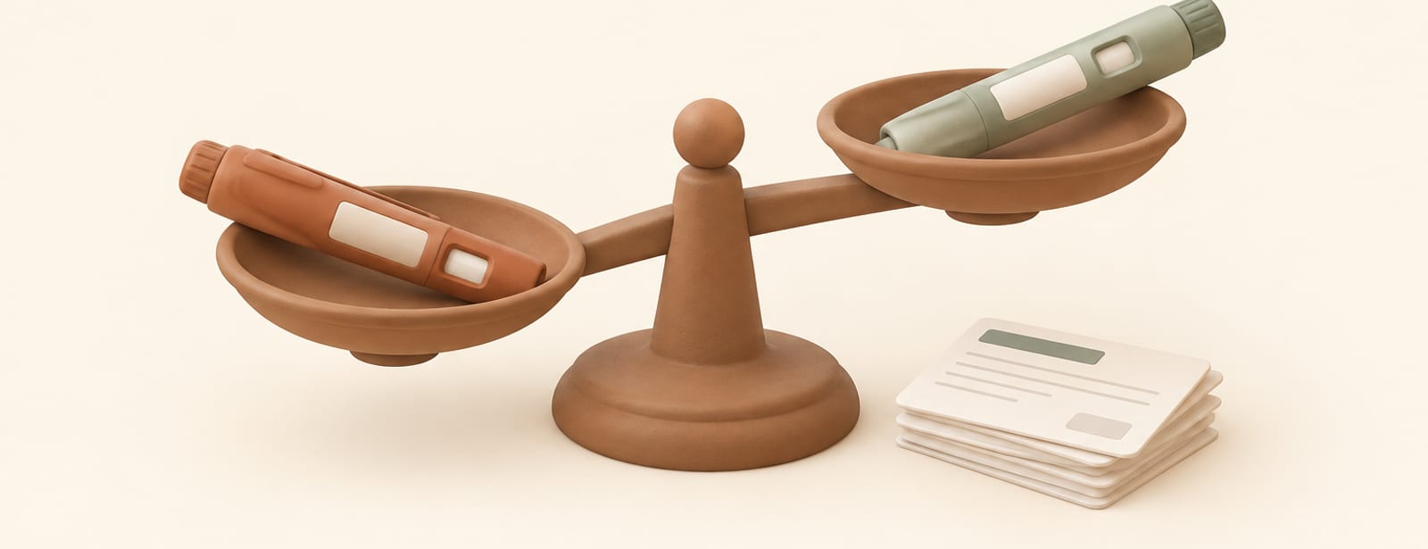 Isometric clay scene of two injection pens on a balance scale, one outweighing the other, with prescription cards nearby.