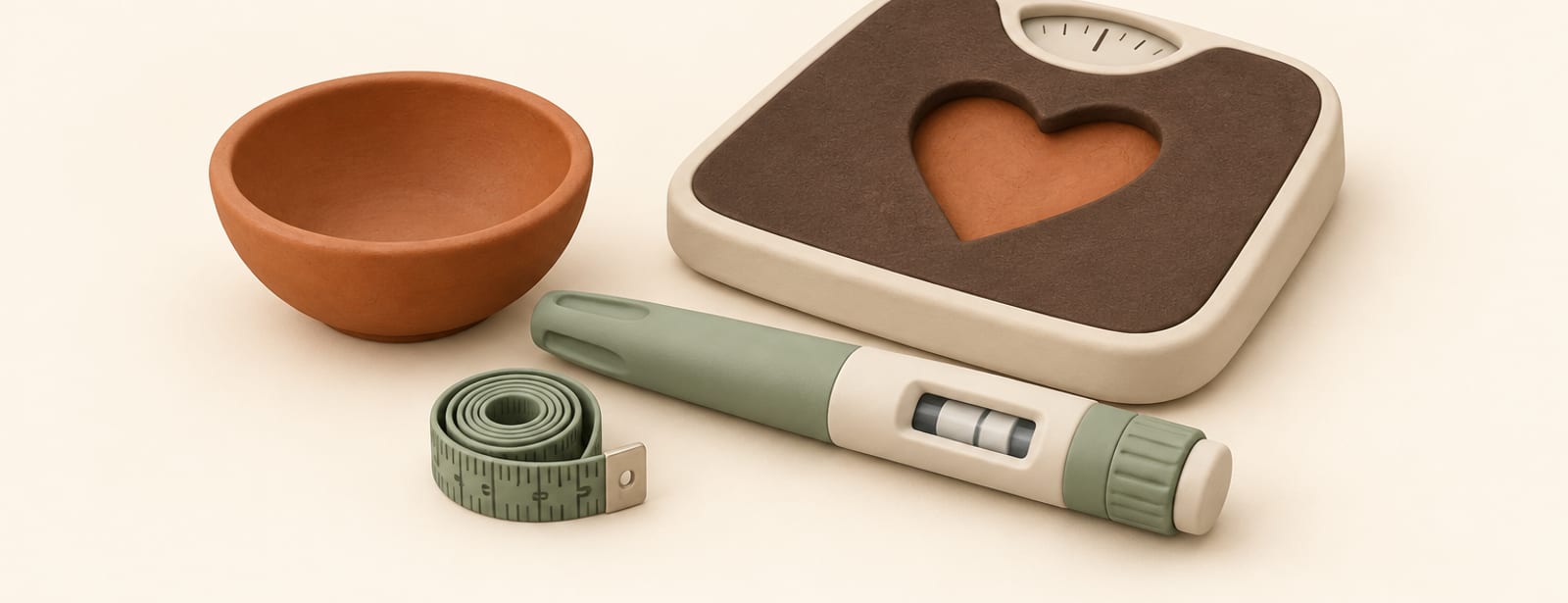 Clay-style injection pen beside an empty food bowl and a tightly coiled measuring tape on a cream surface.