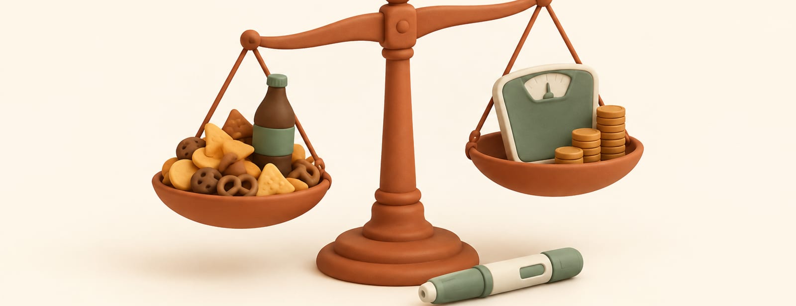 Isometric clay scene of a balance scale weighing snack shapes and coins against a bathroom scale, with an injection pen beside it.