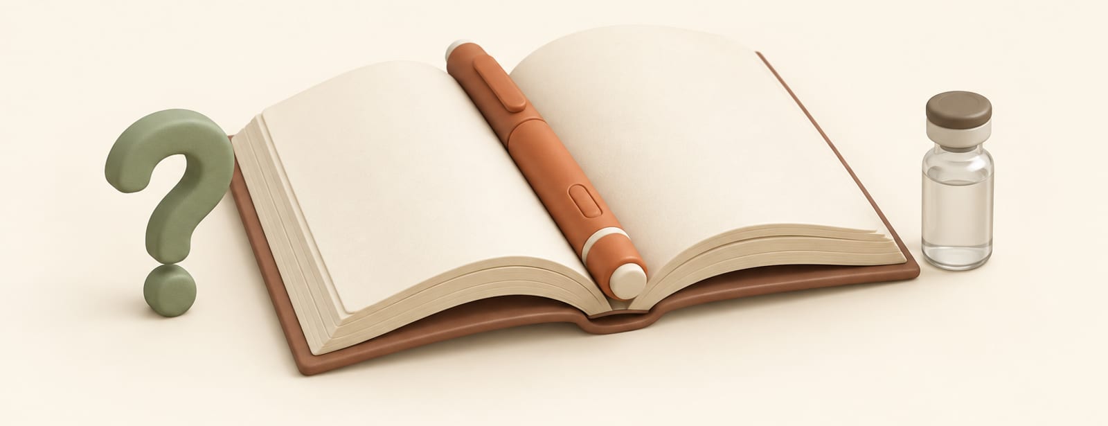 Isometric clay scene of an open book with an injection pen bookmark and a small question-mark shape beside a glass vial.