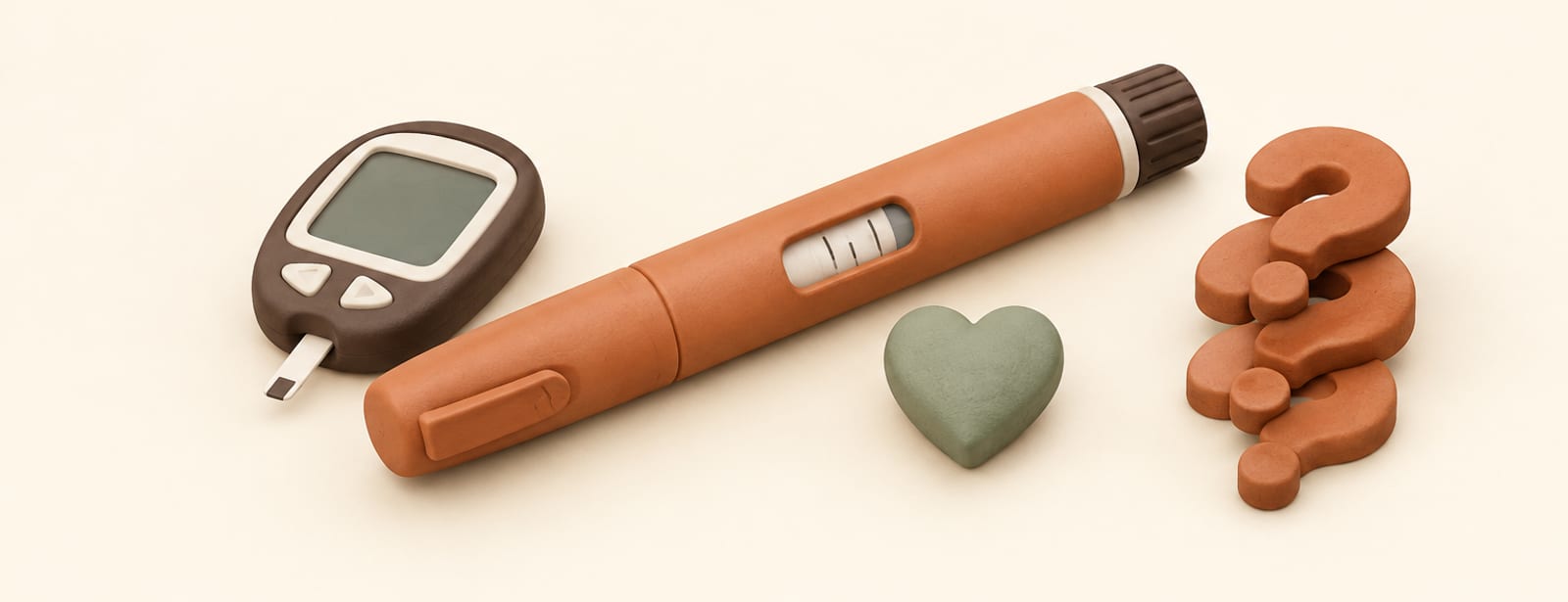 Isometric clay still life of an injection pen, a heart shape, a glucose meter, and three question-mark shapes.