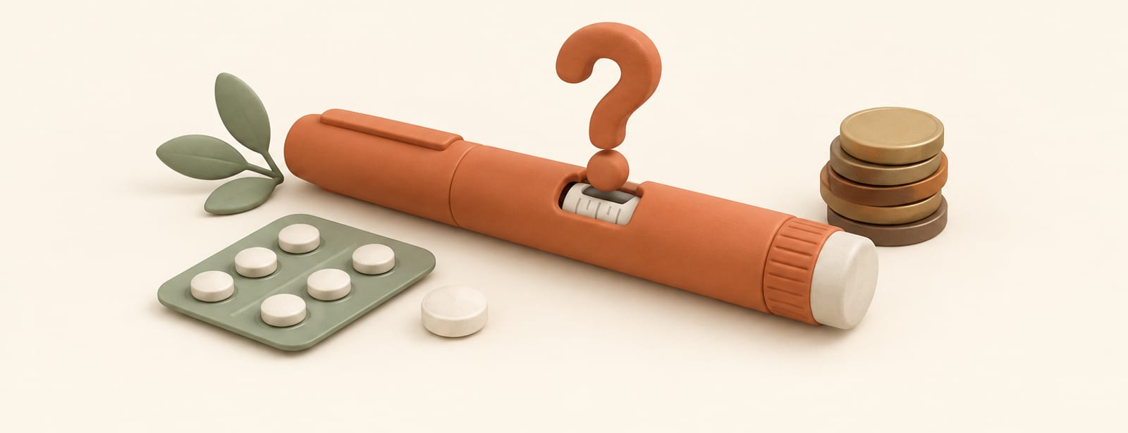 Isometric clay scene of an injection pen, a tablet, a blister pack, coins and a question-mark shape.