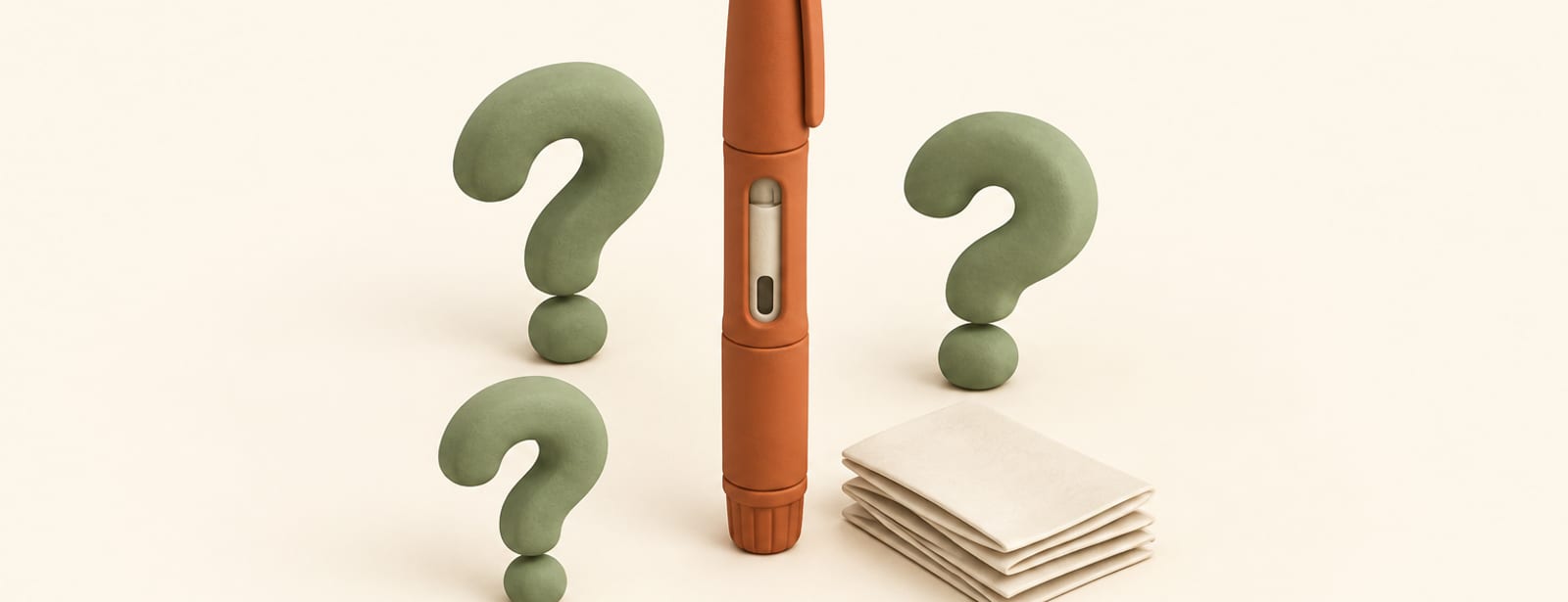 Isometric clay scene of an injection pen surrounded by clay question marks and a stack of papers