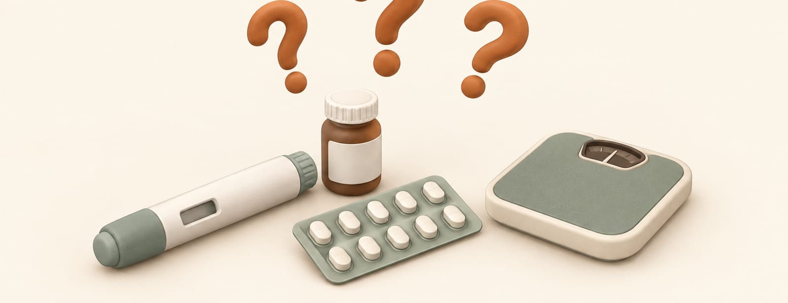 Clay-style still life of an injection pen, a tablet blister pack, a bathroom scale, and three question-mark shapes above them.