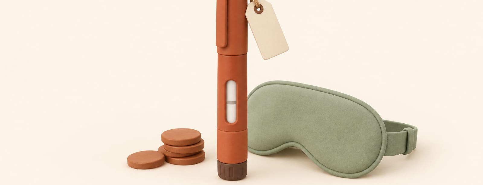 Still life of an injection pen with a sleep mask and a price tag with coins on a cream background