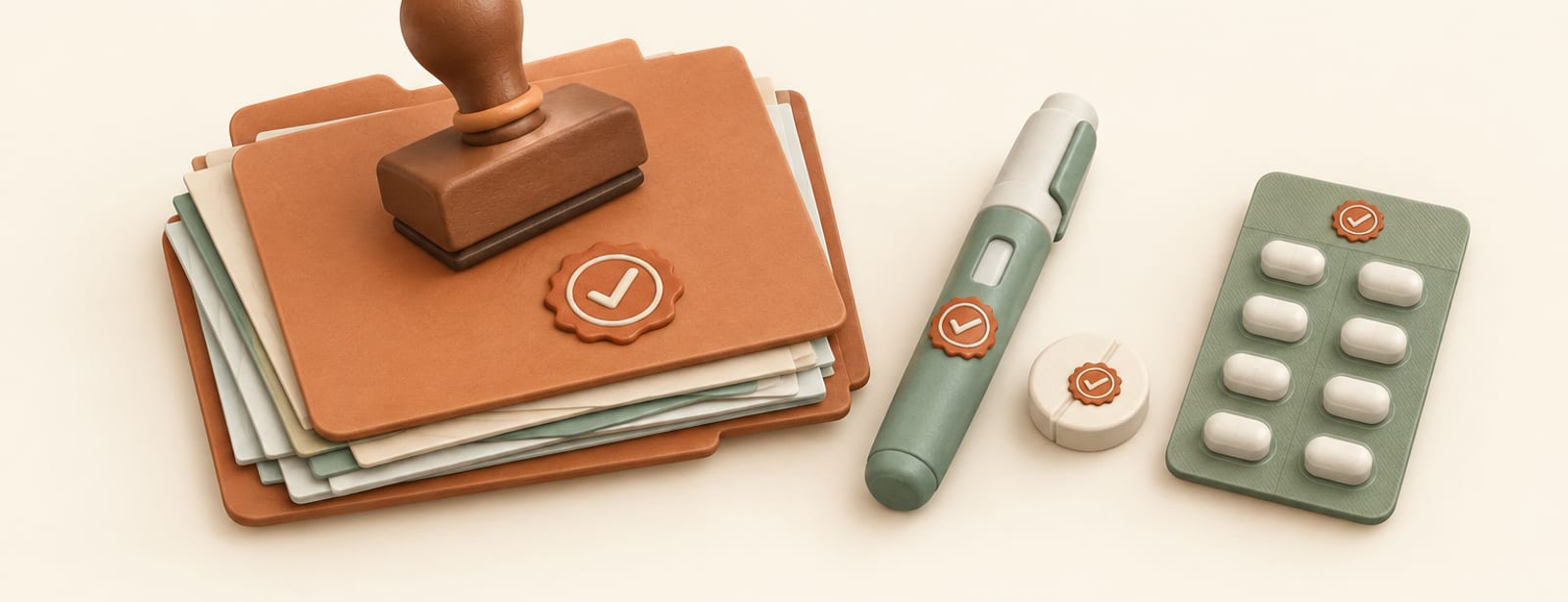 Clay still life of a rubber stamp, document folder, injection pen, tablet, and blister pack representing a regulatory approval history.