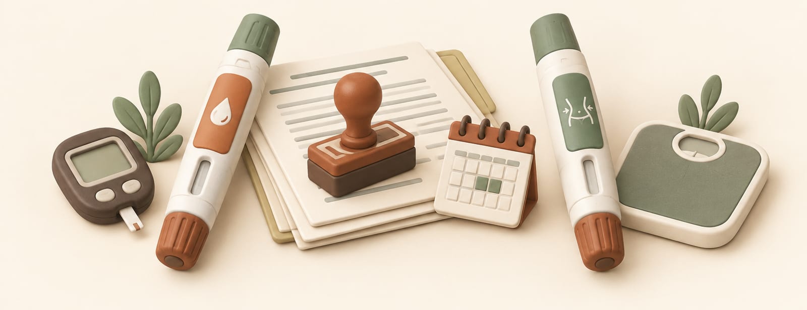 Two identical injection pens beside a glucose meter, a bathroom scale, an approval stamp, and documents.