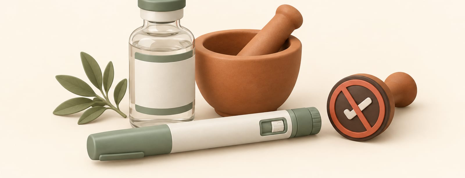 Clay-style still life of a compounding vial, mortar and pestle, an injection pen, and a crossed-out approval stamp shape.