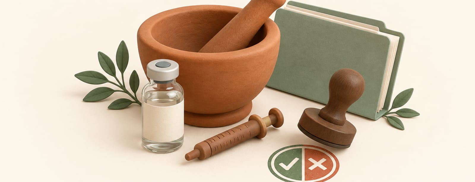 Clay mortar, pestle, vial and syringe beside a rubber stamp on cream background