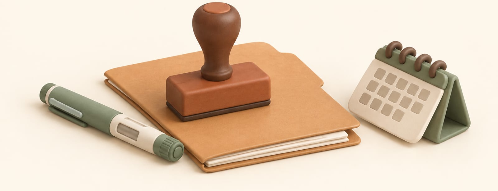 Isometric clay scene of a rubber stamp, folder, injection pen and tipped calendar representing an FDA shortage listing status.