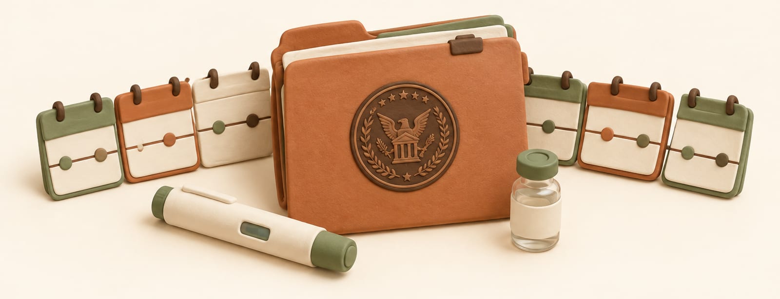 Clay folder with a round seal stamp beside an injection pen and a small glass vial, isometric still life.