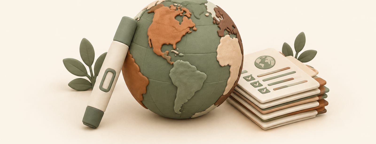 Clay-style illustration of a globe with an injection pen and a stack of documents beside it.