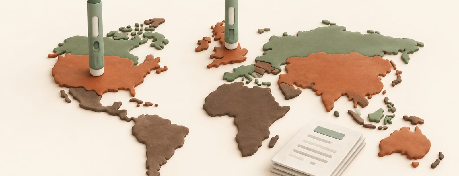 Two identical injection pens standing on a clay world map, marking different countries, beside a stack of documents.