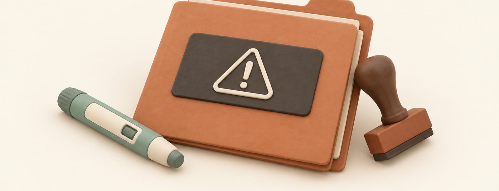 Clay still life of a document folder with a black warning box, an injection pen, and a rubber stamp