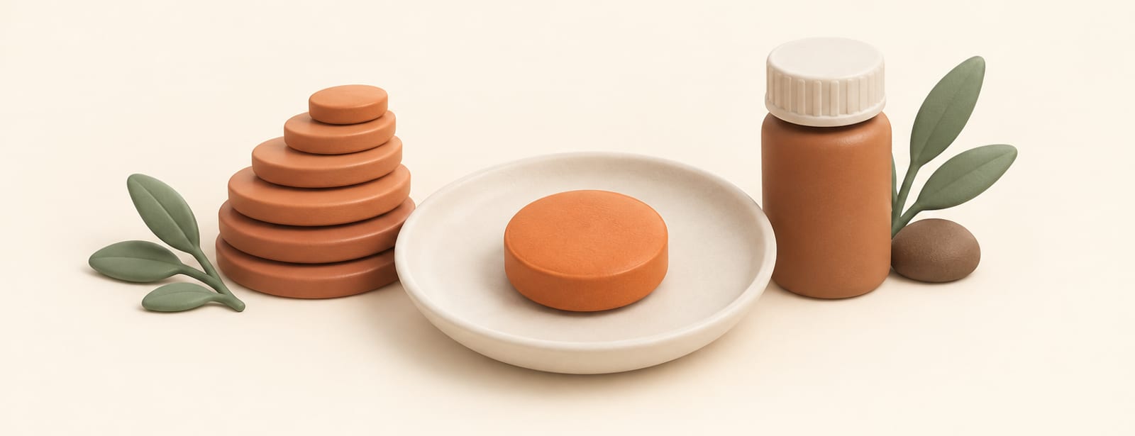 Clay-style still life of one tablet on a dish beside a stepped stack of tablet layers and a small pill bottle.