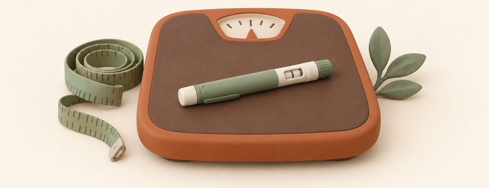Isometric clay scene of a bathroom scale with an injection pen on it and a coiled tape measure beside it