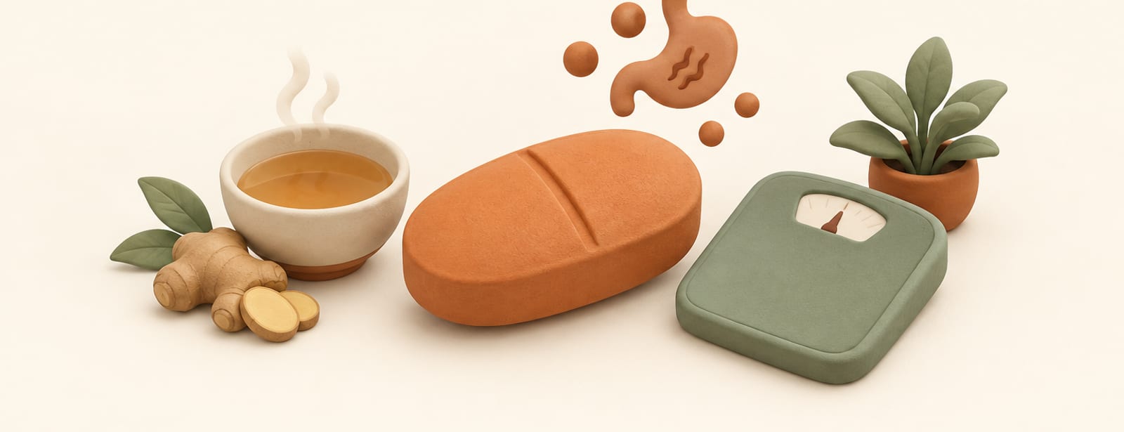 Isometric clay still life of a large orange pill with a bowl of ginger tea and small bubble shapes suggesting stomach upset.