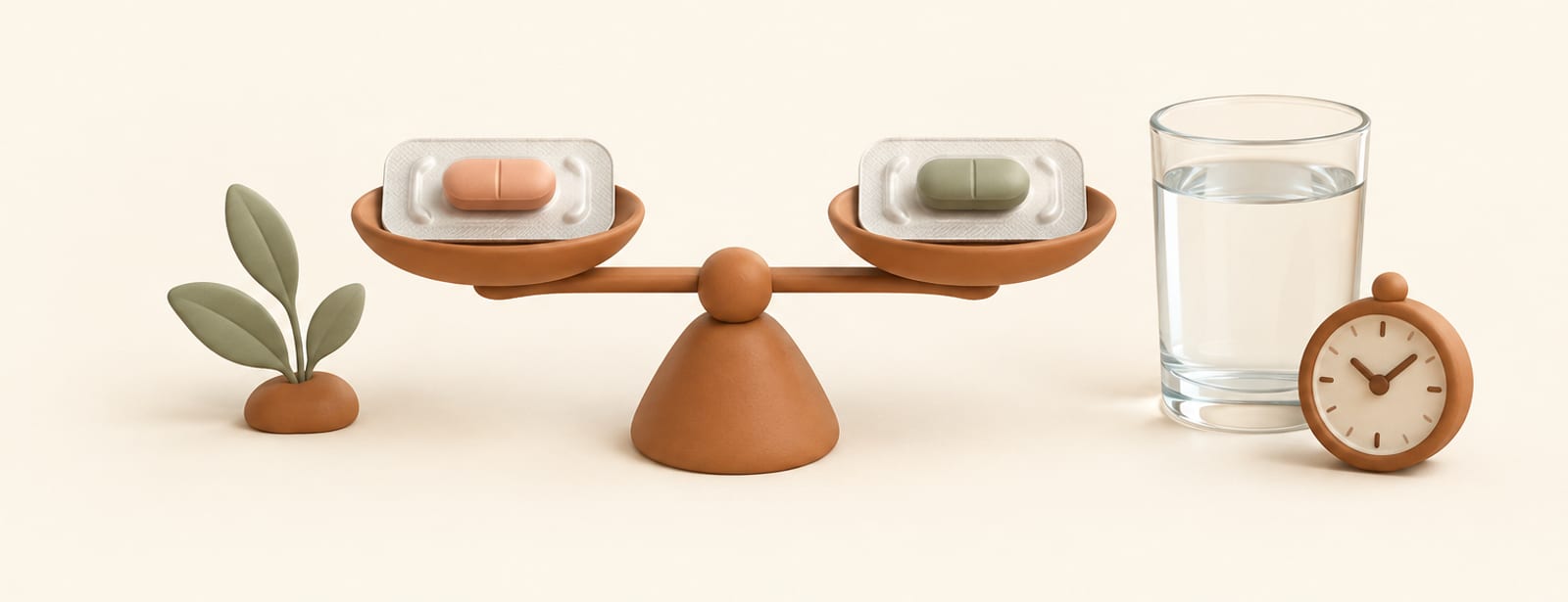 Two different colored tablets on a balance scale beside a glass of water and a small clock, in soft clay style