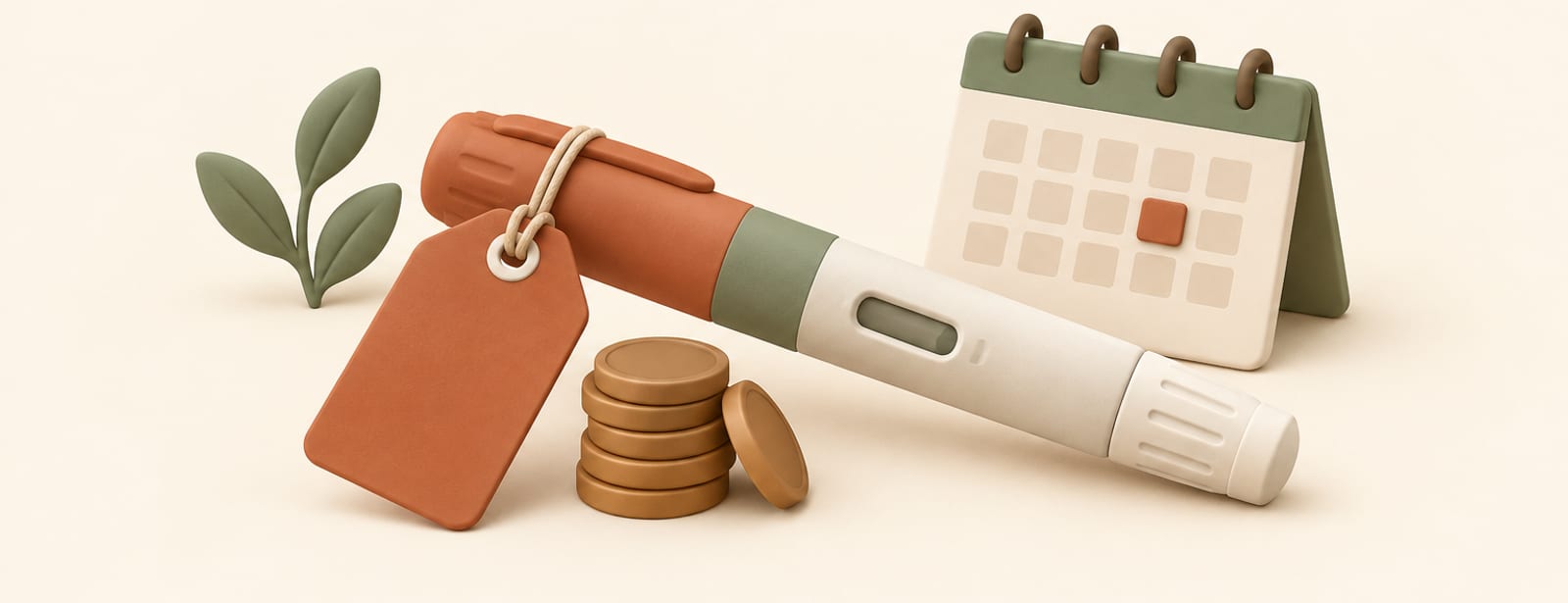 Isometric clay scene of an injection pen with a price tag, coins, and a small monthly calendar card.