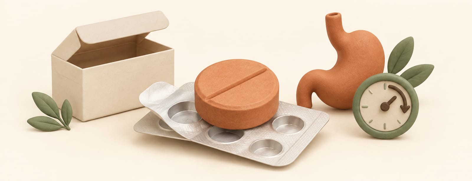 Isometric clay scene of a round tablet on a blister pack beside a small stomach shape and clock, with an open pill box.