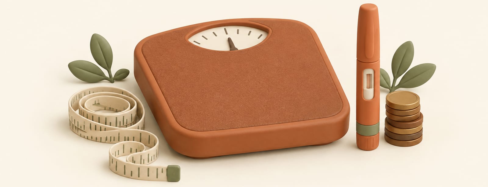 Isometric clay scene of a bathroom scale, a measuring tape, and a weight-loss injection pen beside coins.