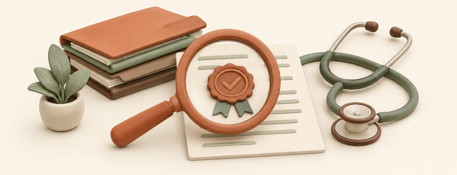 Clay still life of a magnifying glass over a sealed document with a stethoscope and folders, in cream and terracotta tones.