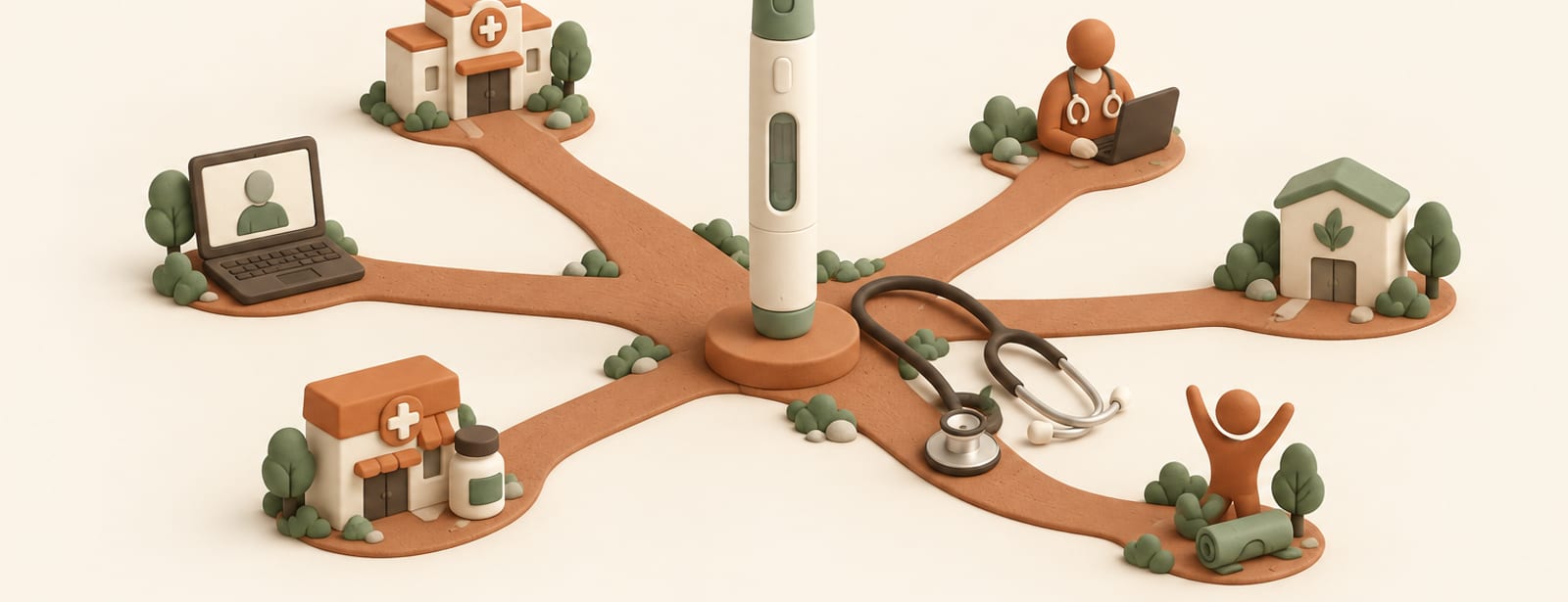 Clay illustration of an injection pen at a fork of diverging paths with a stethoscope nearby