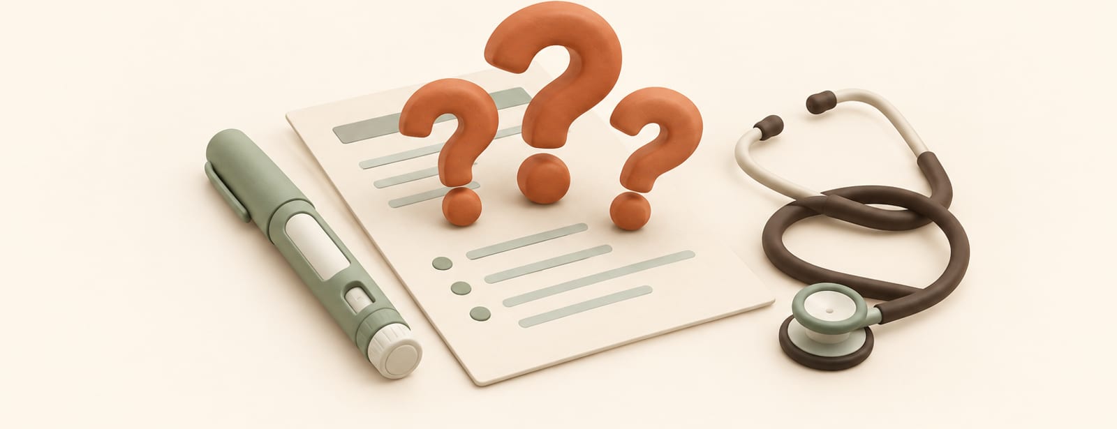 Isometric clay scene of a document with question-mark shapes, an injection pen, and a stethoscope.