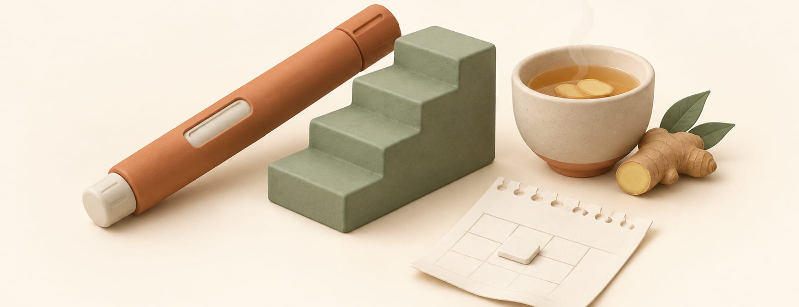 Clay injection pen beside a rising staircase, a bowl of ginger tea, and a blank calendar page.
