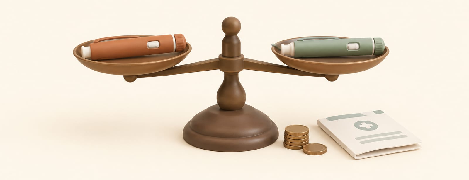 Balance scale weighing two different medication pens, with coins and a folded document nearby.