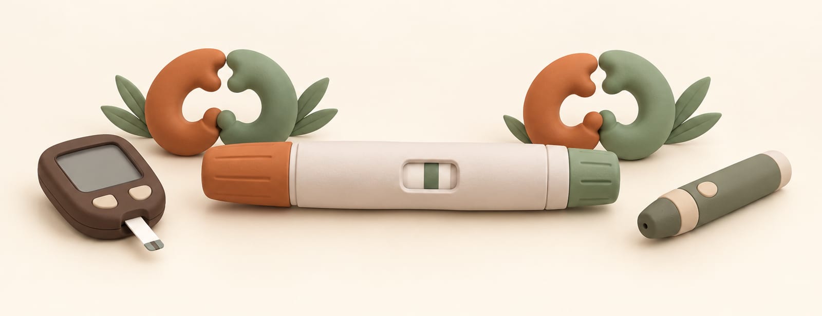 Isometric clay scene of an injection pen beside two interlocking rings and a glucose meter