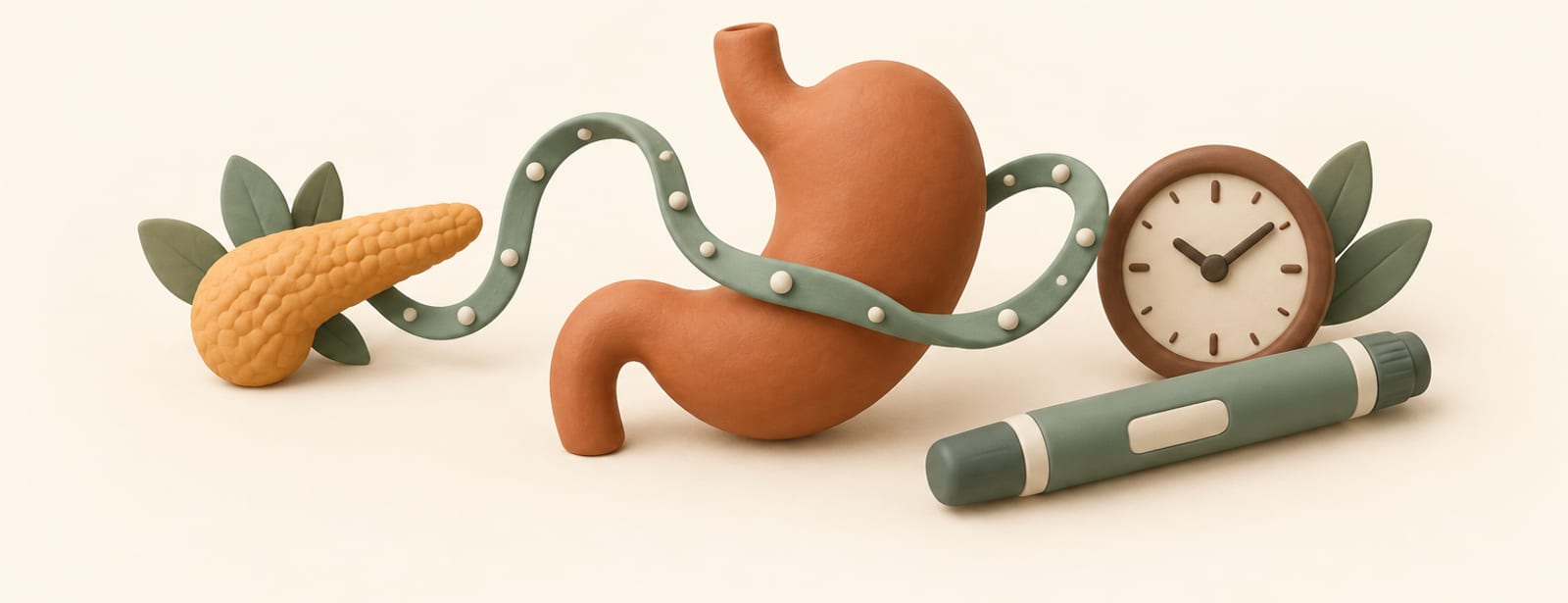 Clay stomach and pancreas shapes linked by a hormone ribbon, with a clock and injection pen nearby.