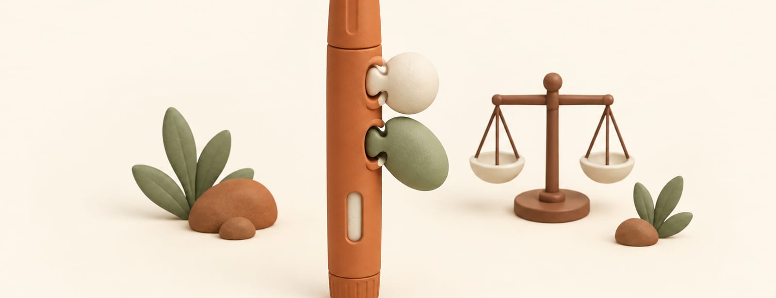 Illustration of an injection pen with two clay receptor shapes attaching to its side beside a small scale