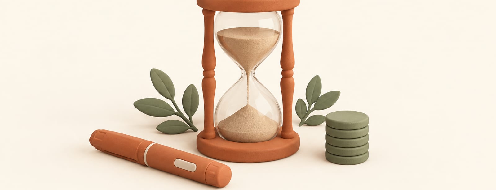 Isometric clay hourglass beside an injection pen and five stacked discs, symbolizing how long semaglutide remains in the body.