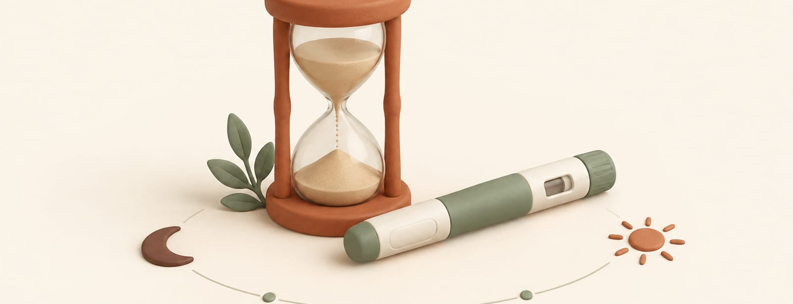 Clay hourglass beside an injection pen with a faint four-week arc on cream background