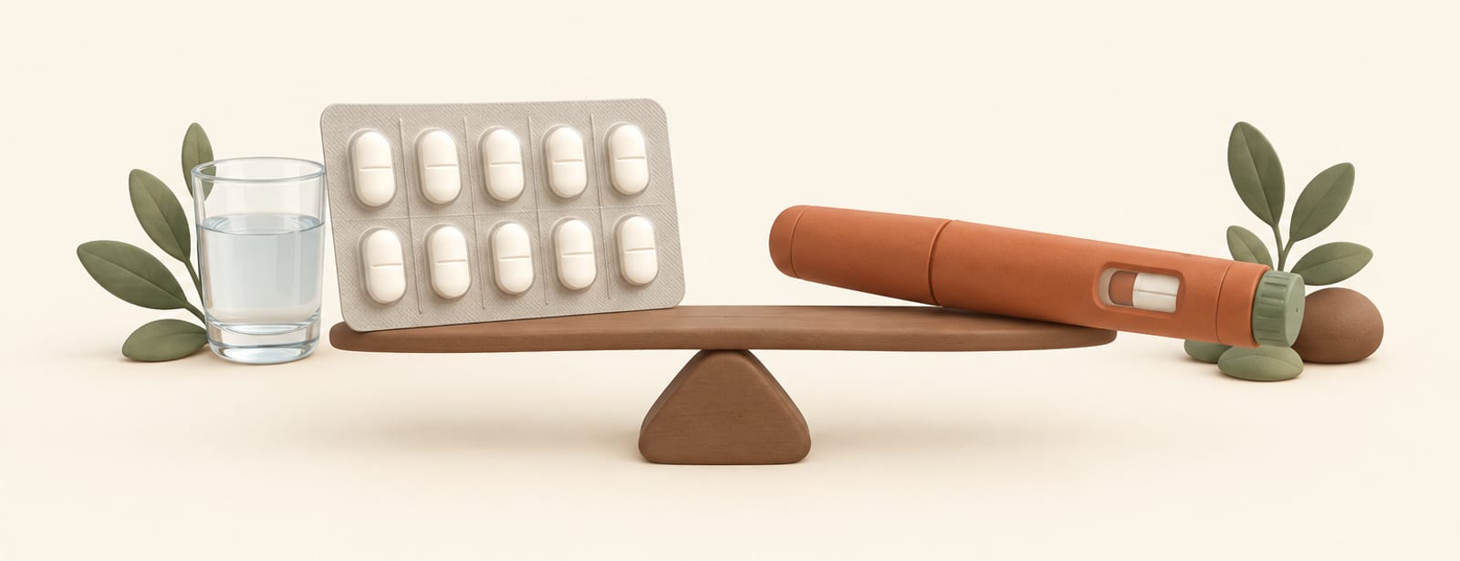 Clay-style illustration of a tablet blister pack and an injection pen side by side with a glass of water.