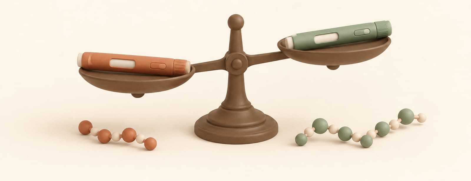 Isometric clay scene of a terracotta and a sage injection pen balanced on a scale beside two molecular bead chains.